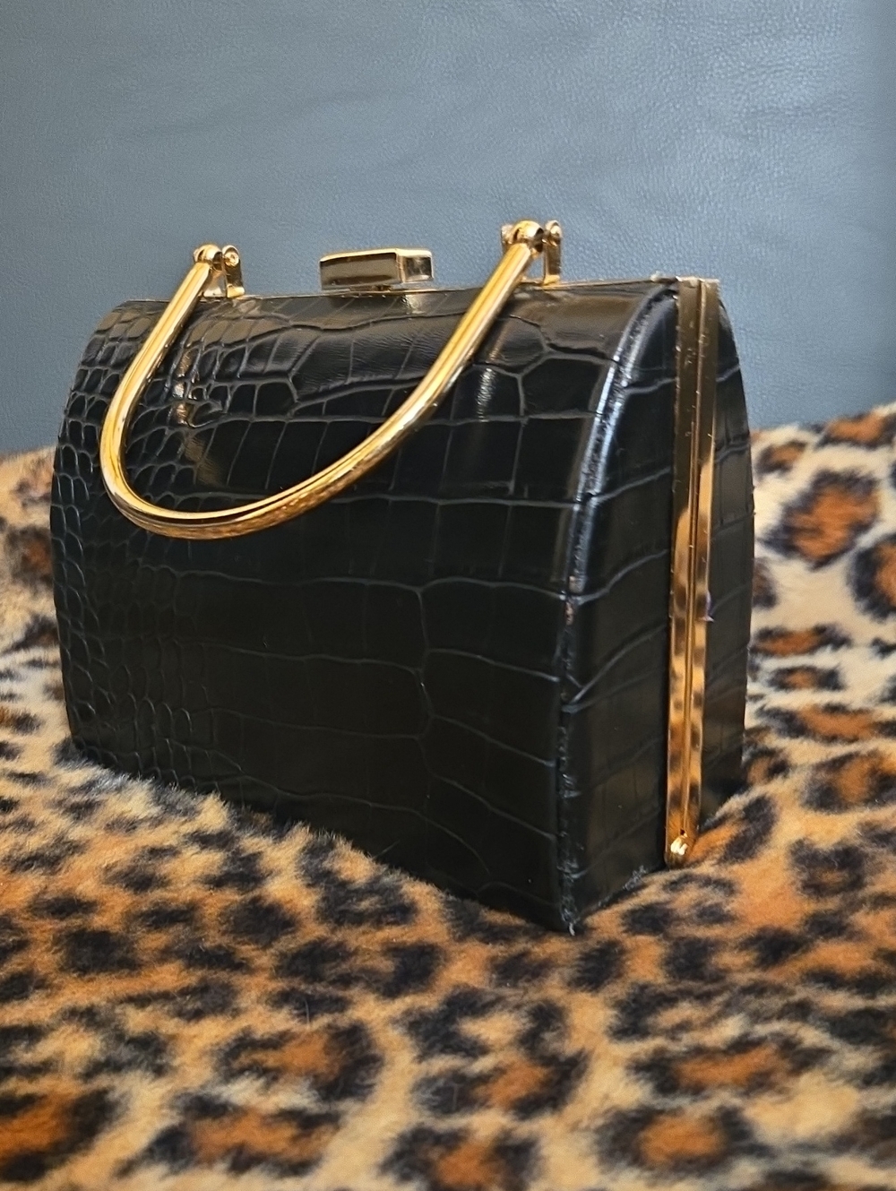 Black Croc-Embossed Structured Top-Handle Mini Bag with Gold Hardware